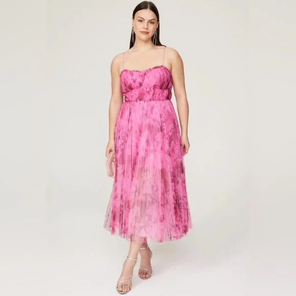 ML Monique Lhuillier Pleated Printed Tulle Midi Dress Women Size 8 - Picture 4 of 14
